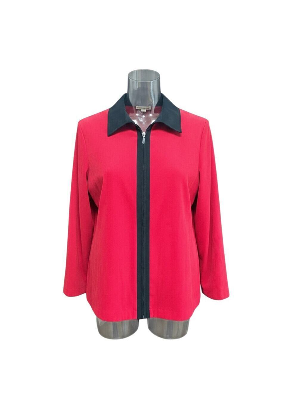 Womans red blazer with vegan leather trim 1X
